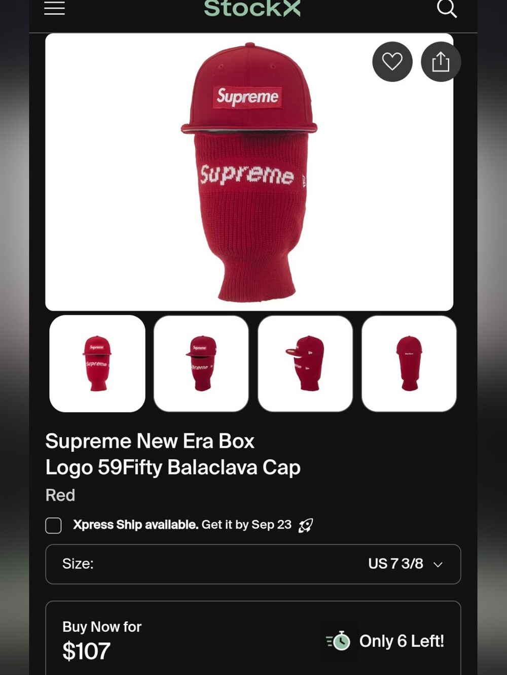 New Era Supreme Red Box Logo 59Fifty Balaclava Cap 7 5/8